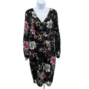 Badgley Mischka Floral Dress Long Sleeve WMN 6 Black Dark Romantic Cocktail Midi